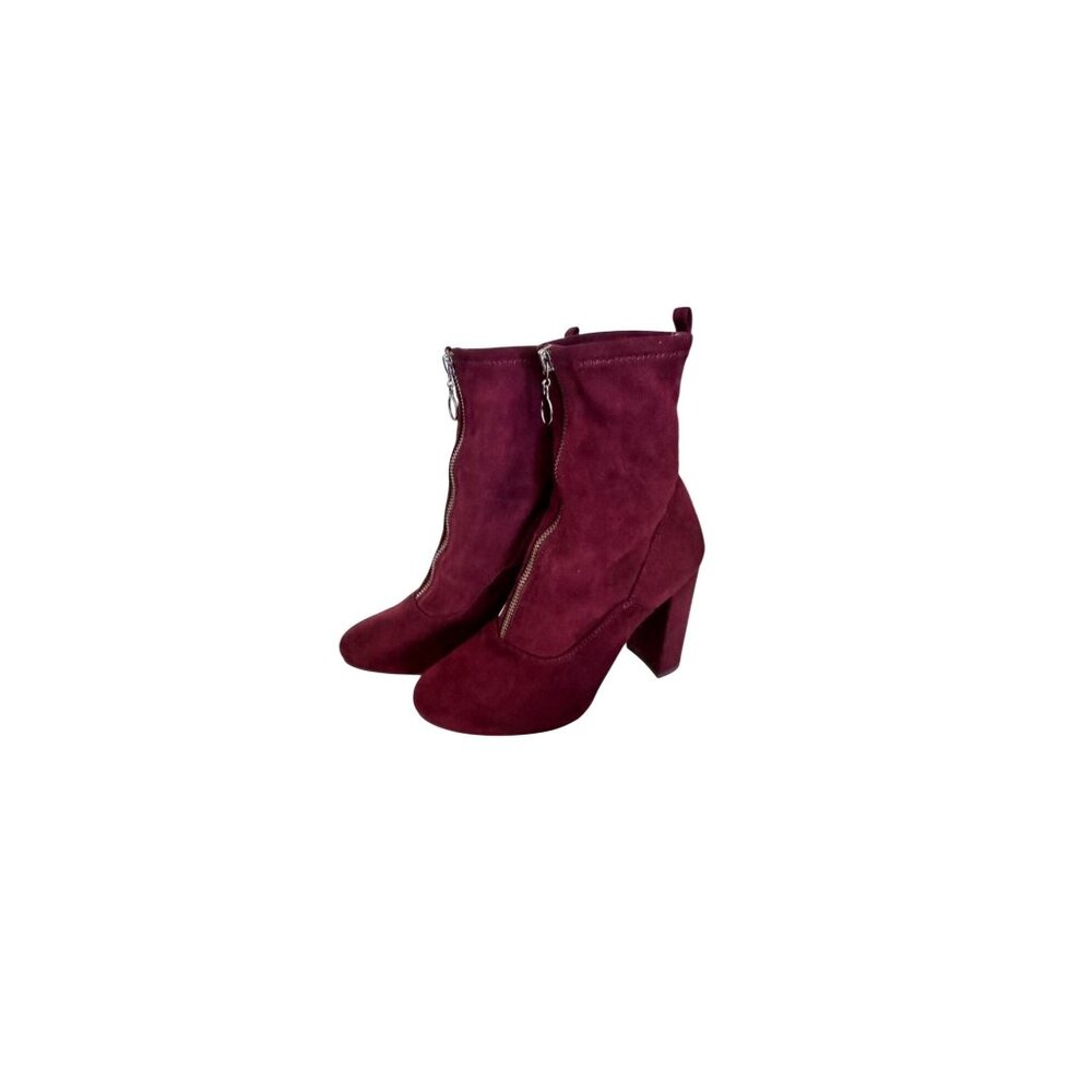 Burgundy Suede Ankle Booties With Front Zipper & Block Heels - Picture 4 of 13